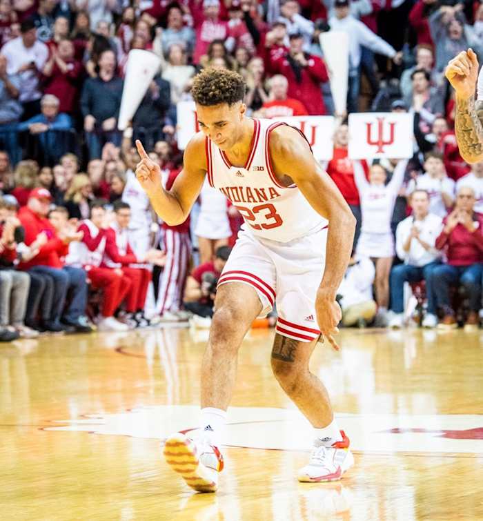 Indiana's Trayce Jackson-Davis (23) dances as he celebrates after a Race Thompson (25) basket while being fouled during the second half.